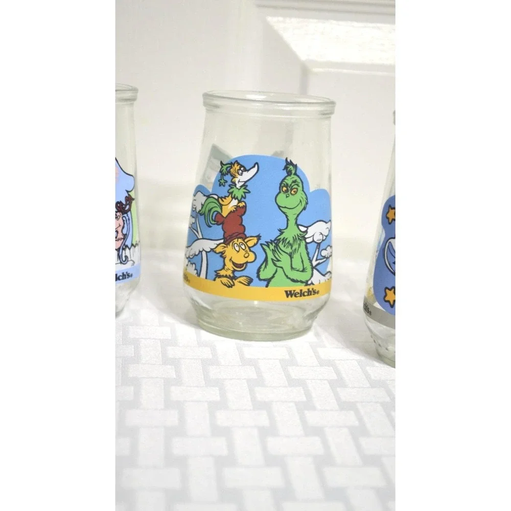 Vintage 1996 Welch Cat in The Hat Glass Jelly Jars, Complete Set of 6 Jars